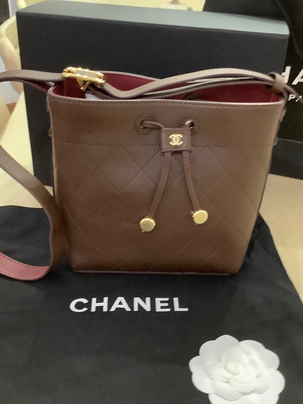 Quilted Brown Leather Drawstring Small Bucket Bag with Red Interior